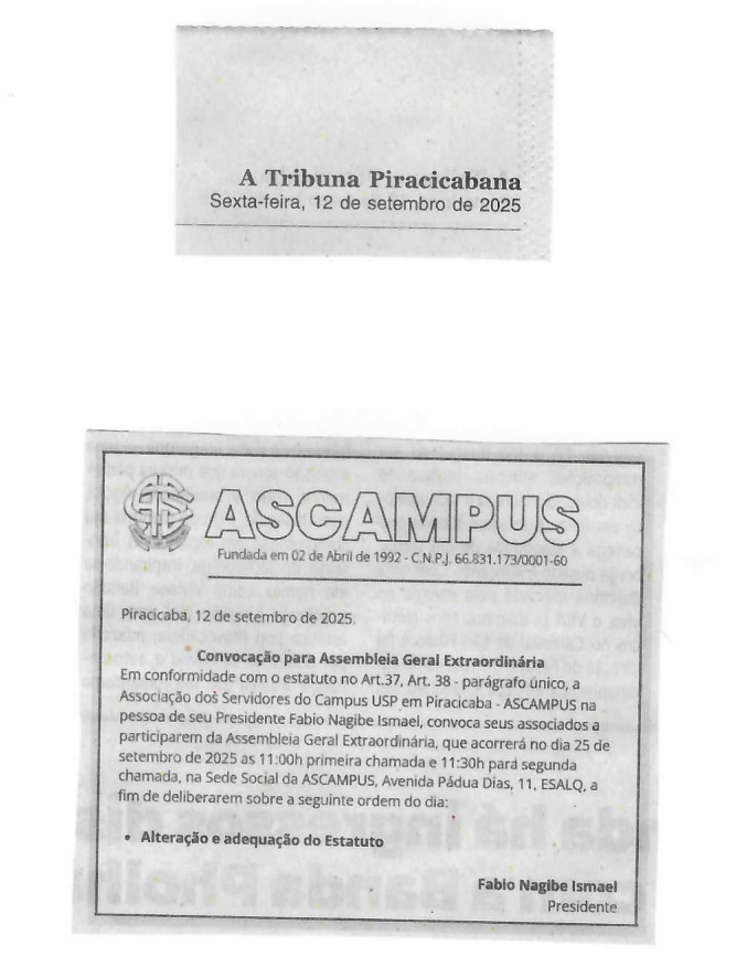 Publicação da convocação na Tribuna Piracicabana